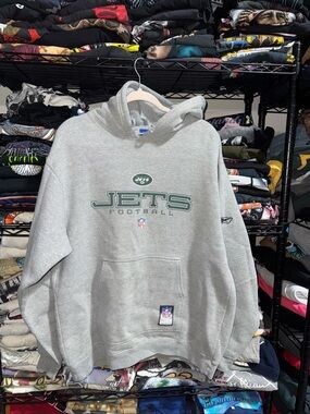Vintage Men’s Reebok New York Jets NFL Football Spellout Hoodie 90s Sz L Gray